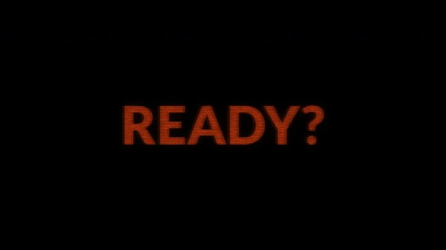 Neon glitch text animation - Are You Ready. Pop-up text for videogames and gaming videos. Animation of text on black background. For overlays and transitions. Video game and digital interface concept.