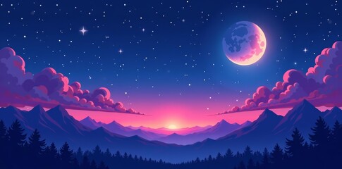 Pixel art night sky with stars and moon, abstract vector background, abstract, vector