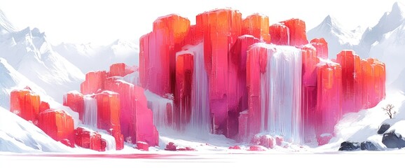 Vibrant, crystalline, icy landscape with cascading waterfalls