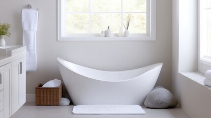 Fototapeta premium Modern, minimalist bathroom featuring a sleek white bathtub, natural light, and a calming atmosphere