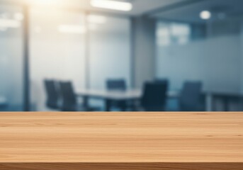 Naklejka premium A blurred office conference room view through a glass wall with a wooden table in the foreground