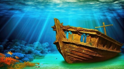 Shipwreck resting on ocean floor, coral foreground, sun rays piercing through water