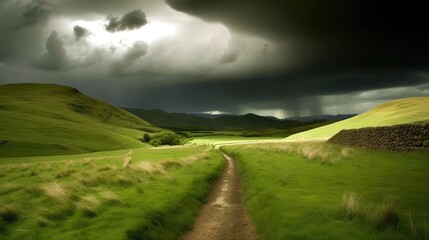 Fototapeta premium Pathway through green hills under stormy sky. Rain descends on a pastoral landscape, distant mountains