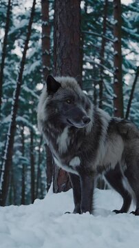 Majestic Dire Wolf Stands in Snowy Forest Surrounded by Trees