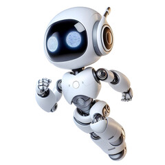 White cute robot in running posture isolated on white background