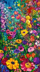 Colorful vibrant flowers bloom in a dense field creating a cheerful and artistic scene.