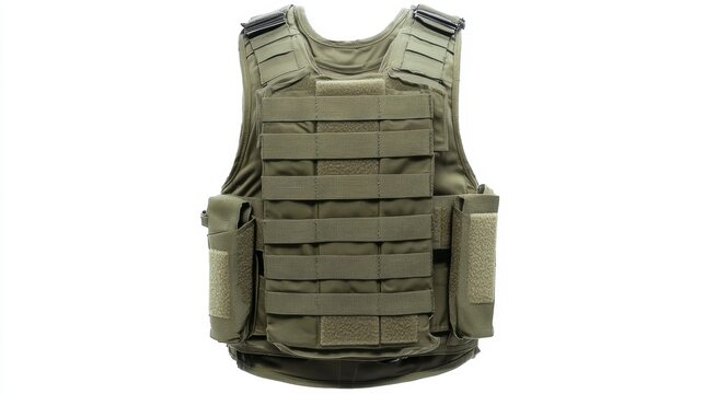 Olive green tactical vest with MOLLE webbing and pockets, isolated on white background. - Powered by Adobe