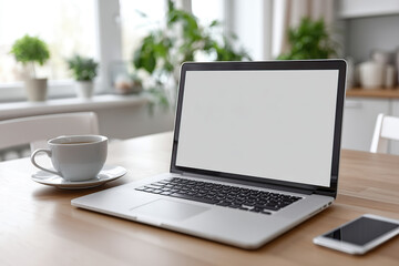 Fototapeta premium Modern home office setup featuring a laptop and coffee on a wooden table