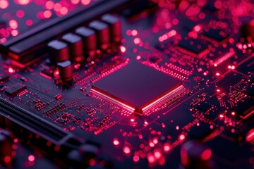 Fototapeta premium Circuit board close-up, glowing components (8)
