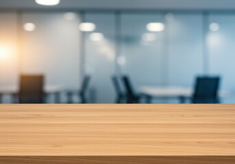 A blurred view of an empty office space with a wooden table and frosted glass wall in the background