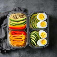 Healthy Meal Prep Containers with Quinoa, Grilled Vegetables, and Boiled Eggs