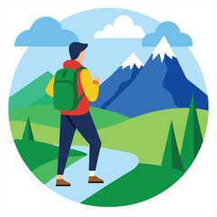 Fototapeta premium Hiker with backpack walking mountain trail with scenic green hills and blue sky background 