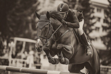 Fototapeta premium Horse and rider leap midair in elegant form at high jumping event