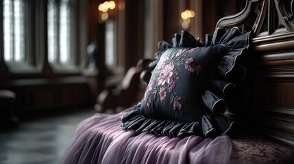 Black pillow with ruffled edges rests on an antique French sofa, surrounded by dark purple and pink tulle against a deep gray wall