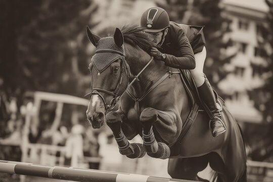 Horse and rider leap midair in elegant form at high jumping event