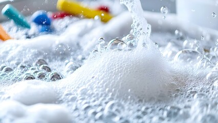 Bubbles and foam in a bath or a sink, creating a frothy and soapy surface with colorful objects in the background. Concept Bubbly Bath Fun, Colorful Decorations, Frothy Soap Experience