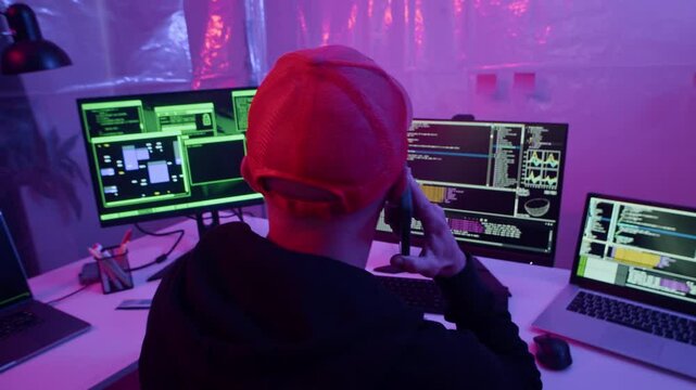Back handheld shot of male hacker communicating on mobile phone while programming on computers in neon