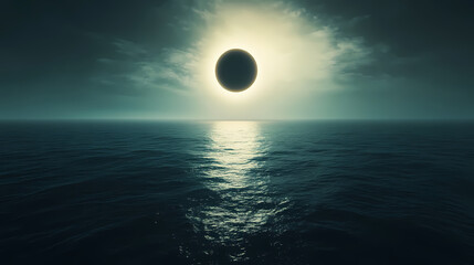 Solar eclipse casting a shadow over the serene waters of the ocean , peaceful, tranquil, eclipse, sun, sea, water. Eclipsed Brine. Illustration