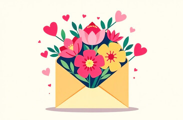 Message with floral arrangement inside an envelope. 
