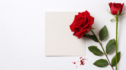 A red flower with a leaf beside blank paper, perfect for a greeting card design concept.

