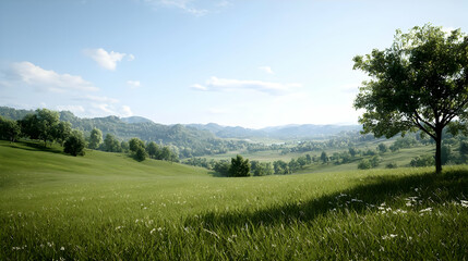 Obraz premium Wide Open Field With Trees And Hills On A Sunny Day