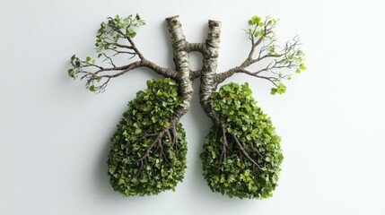 Fototapeta premium Green Leaf Lung Organ Tree Branches on White Background Symbolizing Respiratory Health