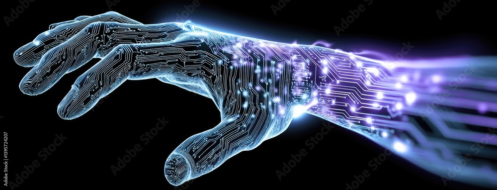 Poster a fingertip connects with a vibrant digital interface representing data flow and advanced technology