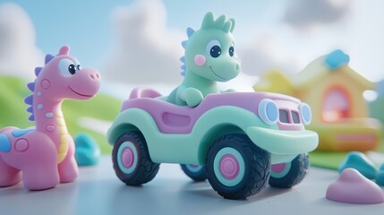 Creative learning set for kids outdoor play zone toy cars and dinosaurs colorful environment engaging viewpoint