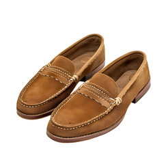 A pair of suede loafers with a stitched sole, isolated on a transparent background.