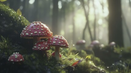Fototapeta premium Fly Agaric Mushrooms Cluster in Misty Forest Woodland with Moss and Dewdrops