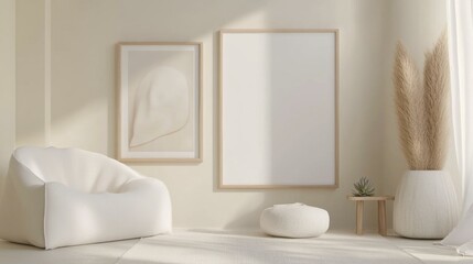 Minimalist Beige Interior with Empty Frames, Bean Bag Chair, Pampas Grass - Mockup Scene