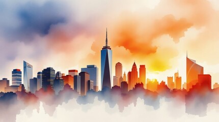 Colorful sunset over a vibrant city skyline with modern skyscrapers Generative AI