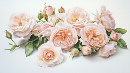 Pale Pink Rose Bouquet Watercolor Painting on White Background