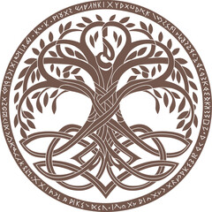 Viking design. World Tree from Scandinavian mythology - Yggdrasil and Celtic pattern, frame. Drawn in Old Norse Celtic style, isolated on black, vector illustration
