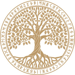 Viking design. World Tree from Scandinavian mythology - Yggdrasil and Celtic pattern, frame. Drawn in Old Norse Celtic style, isolated on black, vector illustration