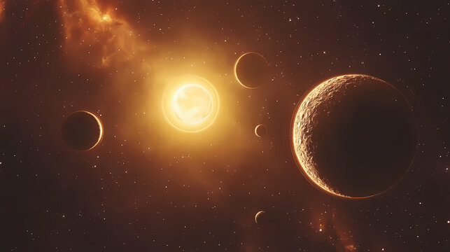 Solar system planets rotating around the sun against a starlit sky backdrop. illustration. Starlit Shoals. Illustration