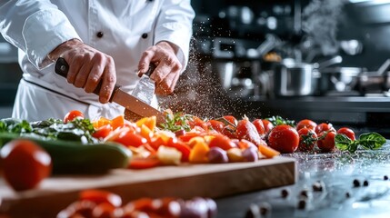 Chef skillfully chopping vegetables in a commercial kitchen setting. Close-up shot of culinary preparation with fresh ingredients 