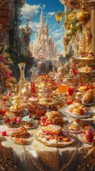 Fototapeta premium Abundant food on a table with a castle in the background.