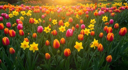 Spring Flowers Field: Tulips and Daffodils in Bloom