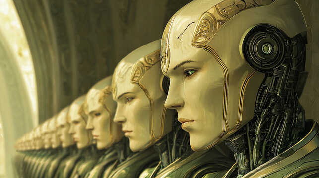Robots in line, futuristic cathedral