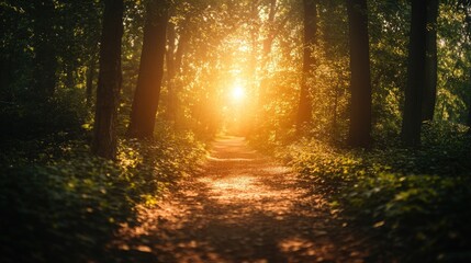 Fototapeta premium Sunlight illuminating path through trees in forest; green foliage, natural background