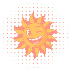 Cheerful cartoon sun character with a smiling face and winking eye. Vector illustration for kids, summer themes, and positive vibes.