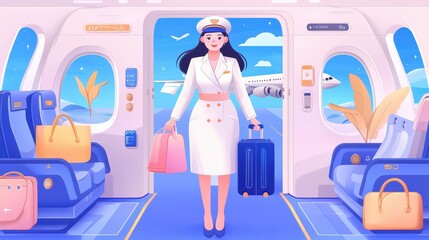 Airplane Flight Attendant Welcoming Passengers in Bright Cabin with Plane View - Illustration