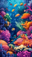 Obraz premium Colorful coral reef with fish underwater illustration vibrant marine ecosystem.