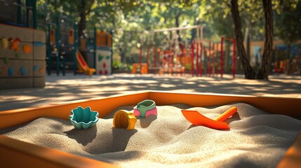 A sunny sandbox with fine, soft sand, a few colorful toy molds, and a bright orange shovel resting inside. The playground behind is lively with vivid colors and a joyful ambiance.