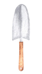 Hand drawn painted watercolor little garden stainless steel metal shovel with wooden texture handle.Design element.