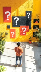 Man facing questions with yellow wall.