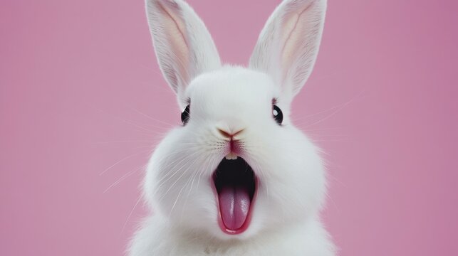 Funny close-up portrait of white rabbit with wide open mouth showing pink tongue and teeth on plain pink background