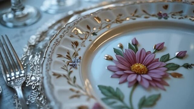 A close-up of a fine porcelain plate with an ester flower design, placed on an elegantly set table, soft lighting illuminating the intricate details.
