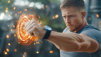 Futuristic digital fitness instructor demonstration outdoor gym gigapixel standard high-tech environment dynamic viewpoint